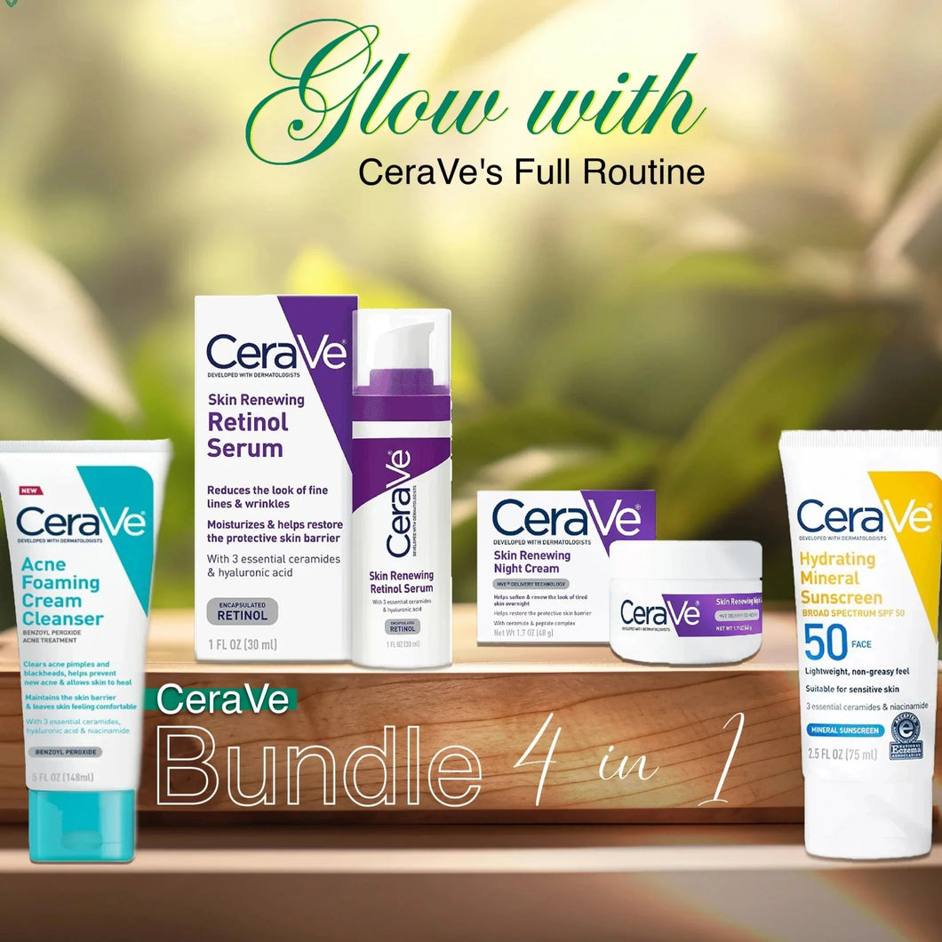 CeraVe 4-in-1 Skincare Essentials Set | Retinol Serum, Night Cream, Acne Cleanser & Mineral Sunscreen